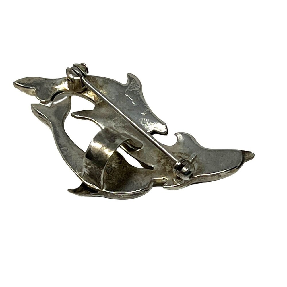Dolphin Brooch Silver Tone 3 Porpoises Ocean Swimming Vintage Pin